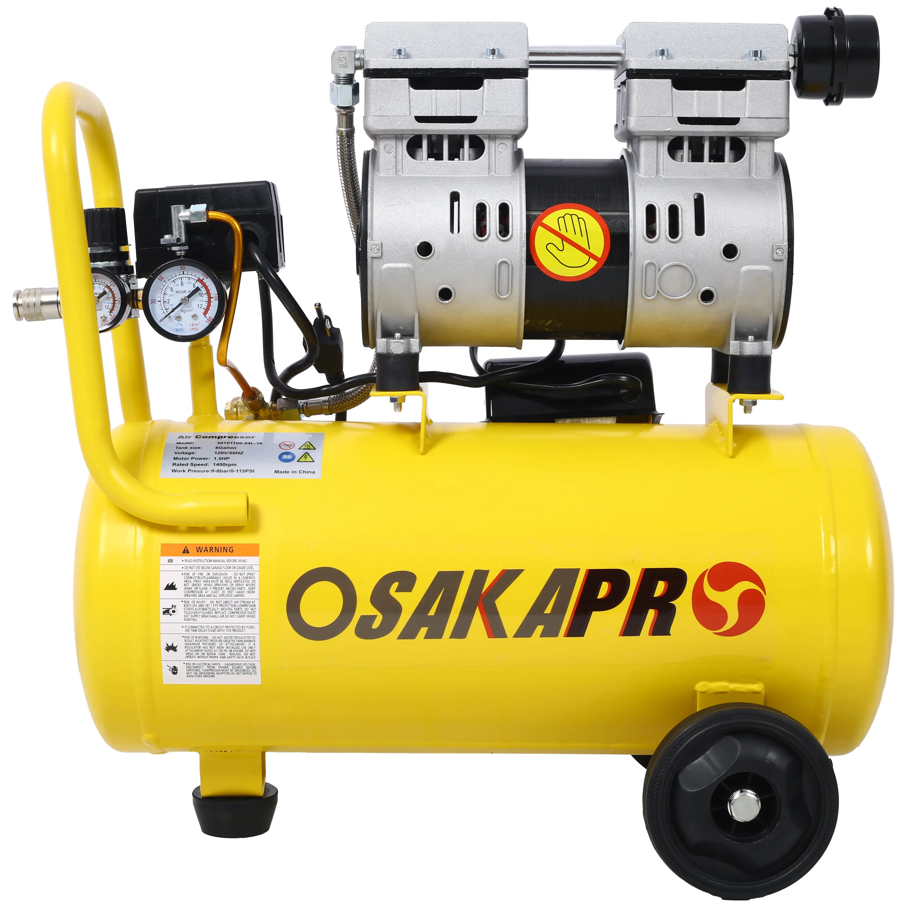 1.5HP Silent Oil-Free Aluminum Electric Air Compressor, 8 Gal Portable Lightweight Shop Tool (42 lbs) with Wheels, 70 dBA Noise Level, Automatic Drain Valve, 115 PSI, 1400 RPM, 4.0 CFM at 90 PSI, Yellow, Commercial Use, Rapid Recovery Time, Silent Operati