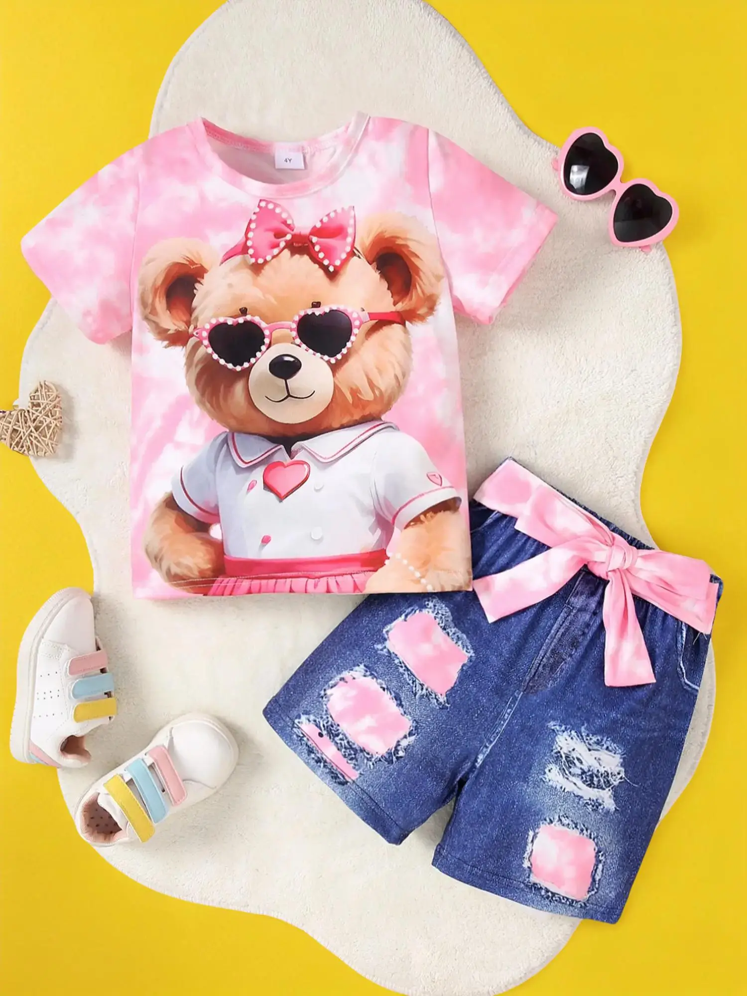 Two-piece Set Girl's Bear Print Tee & Denim-effect Print Shorts Set, Cute Casual Crew Neck T-shirt & Shorts for Daily Wear, Kids Summer Clothes, Girl