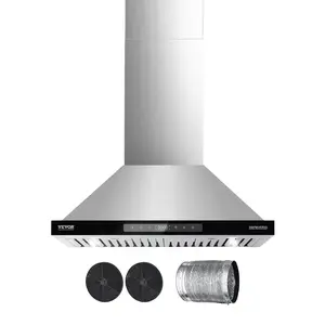 VEVOR Wall Mount Range Hood, 30 inch Chimney-Style Ceiling Mount Vent, 800 CFM Stainless Steel Kitchen Stove Hood with Gesture & Touch Control, LED Light, Baffle Filters, Ducted/Ductless Convertible