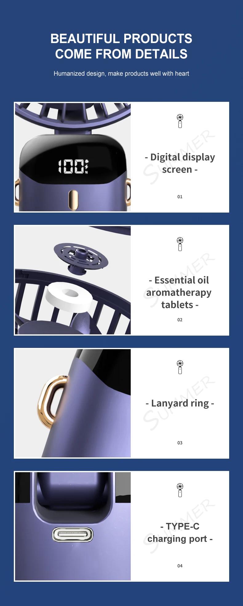 3000mAh Handheld Mini Fan Foldable Portable Neck Hanging Fans 5 Speed USB Rechargeable Fan with Phone Stand and Display Screen