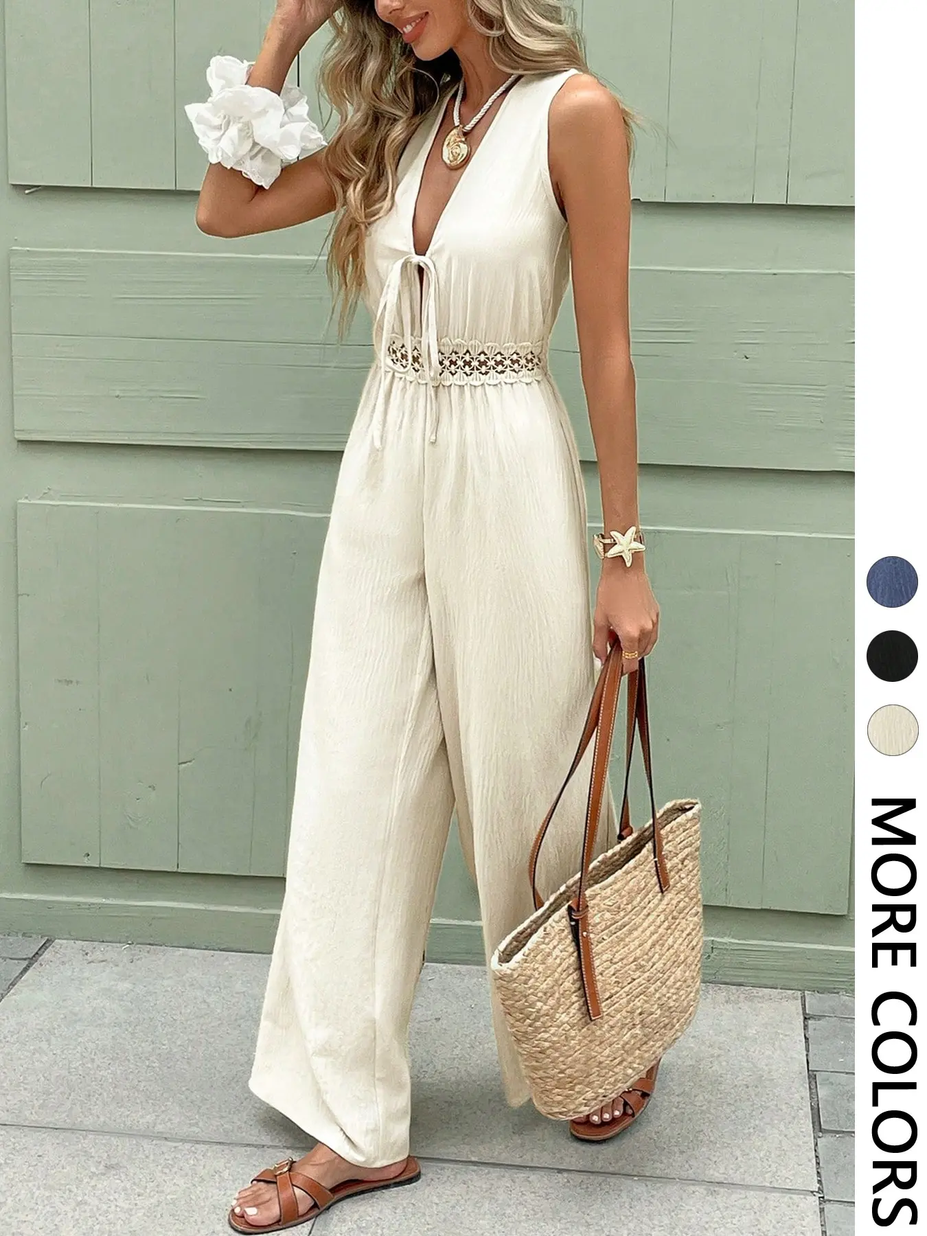 1 Piece V-Neck Sleeveless Tie Front Wide Leg Women Jumpsuit, Solid Casual Daily Everyday Bohemian Aesthetic Style