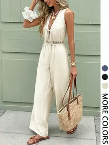 1 Piece V-Neck Sleeveless Tie Front Wide Leg Jumpsuit, Solid Casual Daily Style
