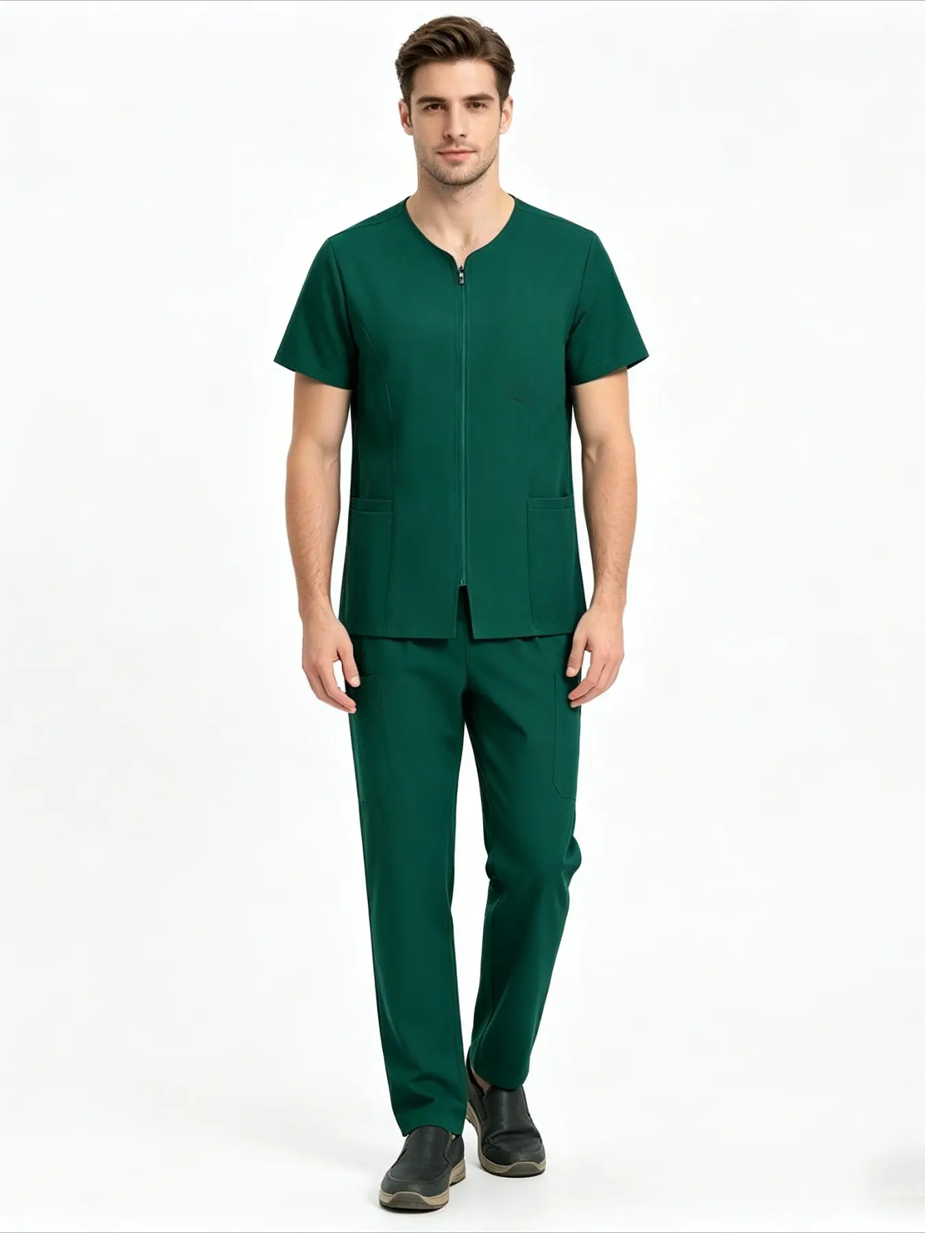 Solid Color V Neck Zipper Scrub Set Unisex Short Sleeve Pants With Pockets Workwear For Pet Salon Beauty Shop