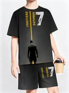 2026 Summer Kids Cr7 Set Silhouette Print Tee Shorts Two-Piece, Boys Football Sport Casual Clothing Football Kits