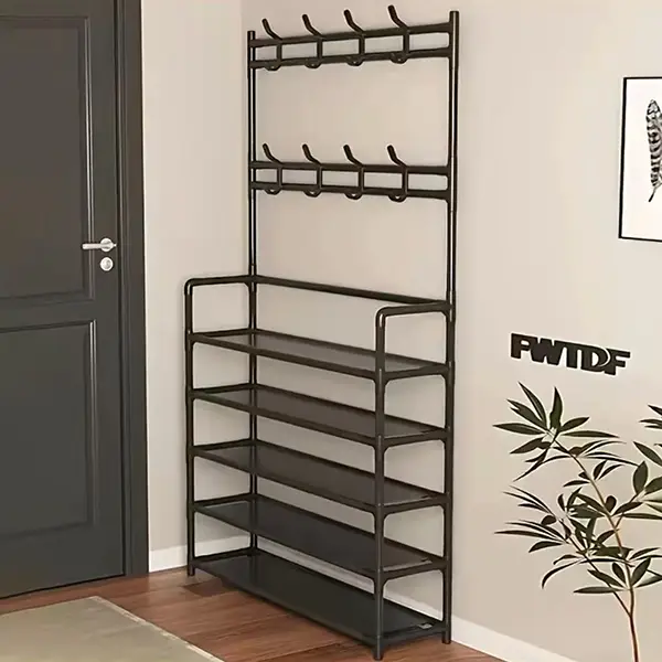 Multi-Tier Shoe & Coat Rack - Space-Saving, Sturdy Metal Design, Detachable Hooks, Easy Assembly for Home & Apartment metal rack