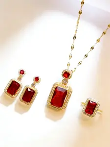 Women's Minimalist Rhinestone Zirconia Square Stud Jewelry Set, Includes Necklace & Ring, No Gift Box, Elegant Fashion Accessory, Fashionable Jewelry Set