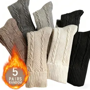 5 Pairs Women's Beige Winter Socks - 95% Polyester 5% Spandex, Thick Warm Solid Color with Side Stripe, Cold-Weather Thermal Socks for Ladies (Hand Wash/Dry Clean)