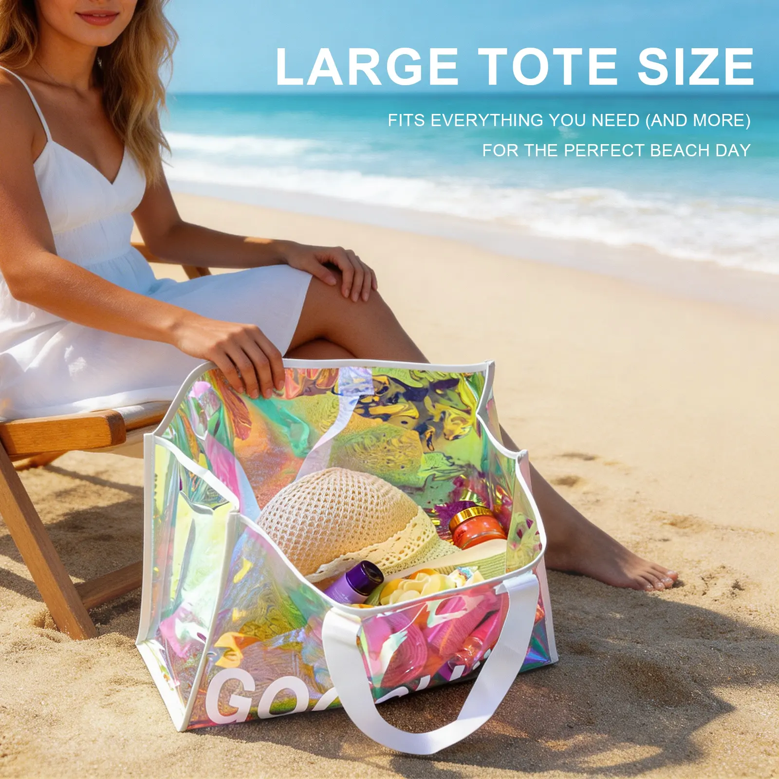 MAENER 26L Iridescent Beach Tote Bag with Large Capacity for Multiple Items, Perfect for Pool and Beach Use, Goodluck Design Fashionable Tote Bag Pvc Tote Bag