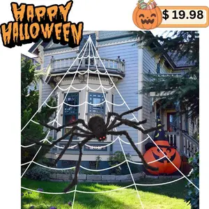 200 Ft Halloween Spider Web + 59" Giant Spider Decoration - Huge Triangular Web for Indoor & Outdoor Halloween Decor - Yard, Home, Parties, Haunted House Ornaments