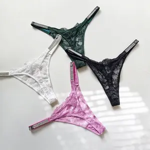 3Pieces Lace Girls Women Panties Seamless Underwear Rhinestone G String Letter Lace Thong For Female Low Rise Ladies Briefs