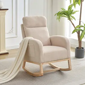 Modern Hospitality Rocking Chair, Comfortable Teddy Upholstery, High Backrest & Armrest, Wingback, Side Pockets, Rubber Wood Legs, Versatile for Restaurant or Office, Beige