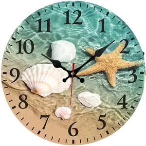 10 inch Wooden Round Wall Clock - Silent Non-Ticking Beach Theme with Seashell & Starfish Design, AA Battery Operated (Not Included) for Living Room, Bedroom, Coastal Home Decor, Bedroom Timepiece | Nonticking Mechanism | Durable Number Style