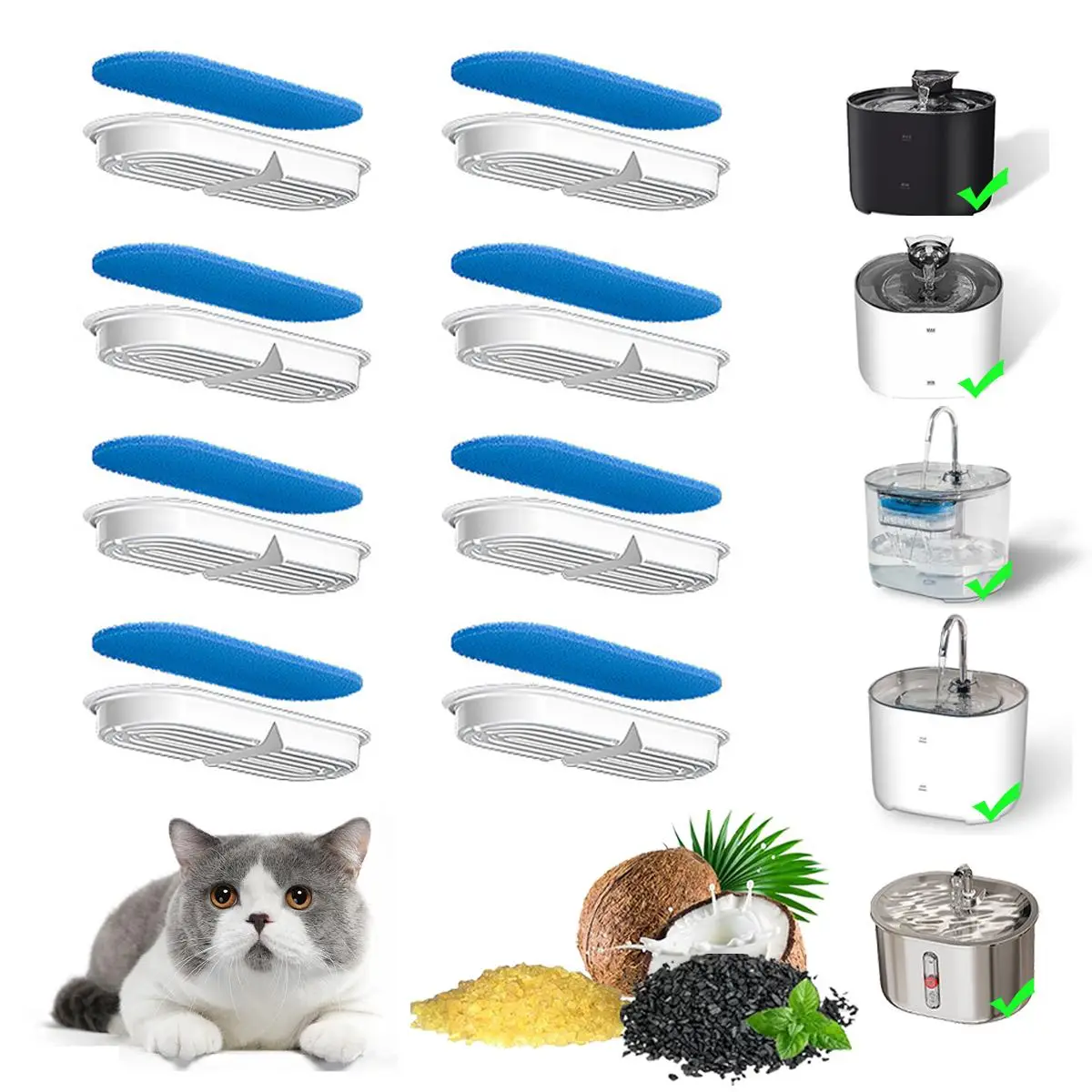 Cat Water Drinker Replacement Filter, 8pcs Set Pet Filter, Multiple Filtration System, Cat and Dog Feeding Accessories