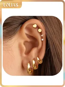 LOLIAS Chunky 14K Gold Plated Hoops Earrings for Women Hypoallergenic - 7 Pairs Surgical Stainless Steel Flat Back Stud Hoop Earring Stack Small Cartilage Earrings Sets for Multiple Piercing