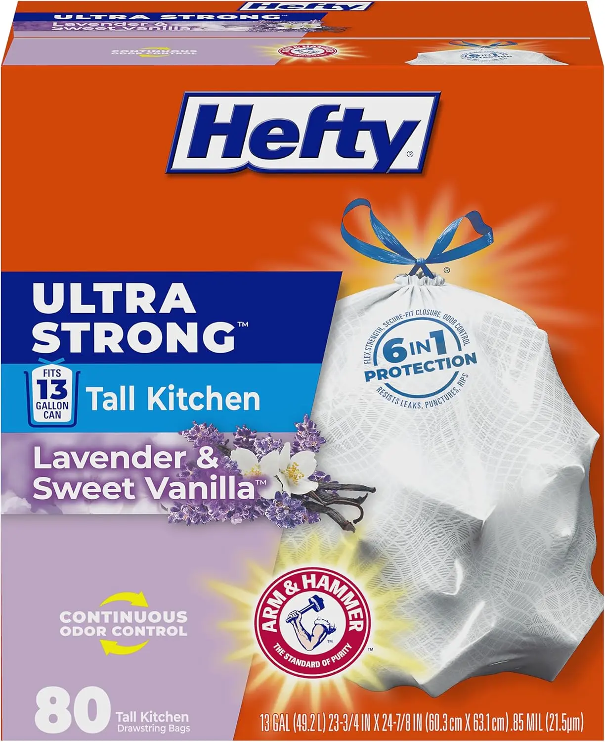Hefty Ultra Strong Tall Kitchen Trash Bags 13 Gallon Lavender & Sweet Vanilla Scent 80 Count Drawstring Closure Odor Control Flexible Strength garbage bag