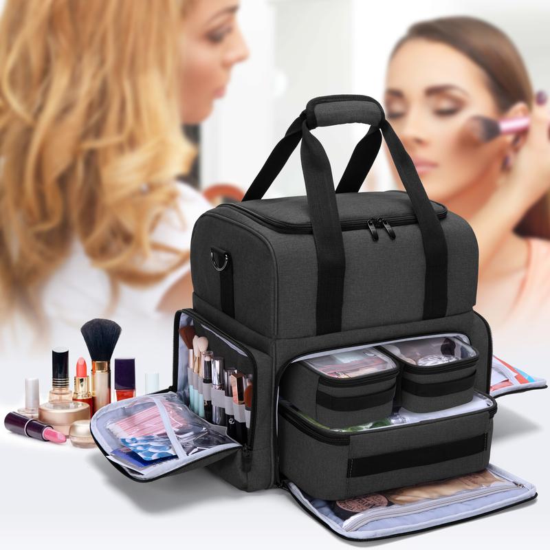 BAFASO 2 Layers Large Travel Makeup Bag with 3 Inner Removable Pouches, Detachable Dividers, Heavy-Duty Nylon, Perfect for Cosmetics & Travel