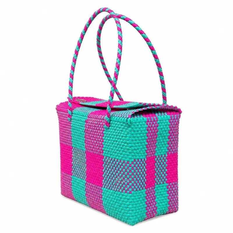Women's Handwoven Reusable Bag, Mexican Handcrafted Recycled Plastic Eco-Friendly Purse with Magnetic Buckle Closure, Unique Design, 12x6x9 In Lonchera