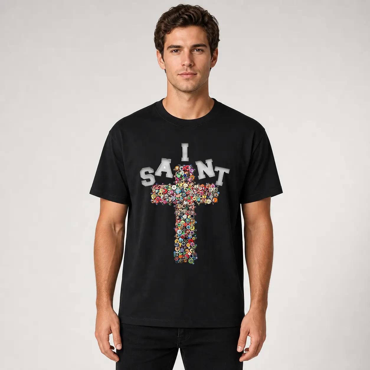 Men's Vintage Graphic T-Shirt Saint Cross Print Y2K Retro Casual Short Sleeve Men's Crewneck Tee.