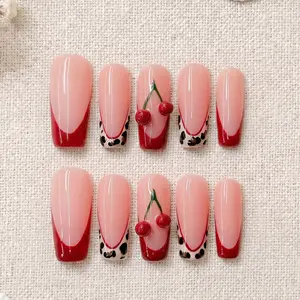 Divineluxe Nails｜10PCS 100% Handmade Press-On Nails｜Reusable Colorful Art Acrylic Stylish｜Luxury Cherry Leopard｜D161 1.2 Inch