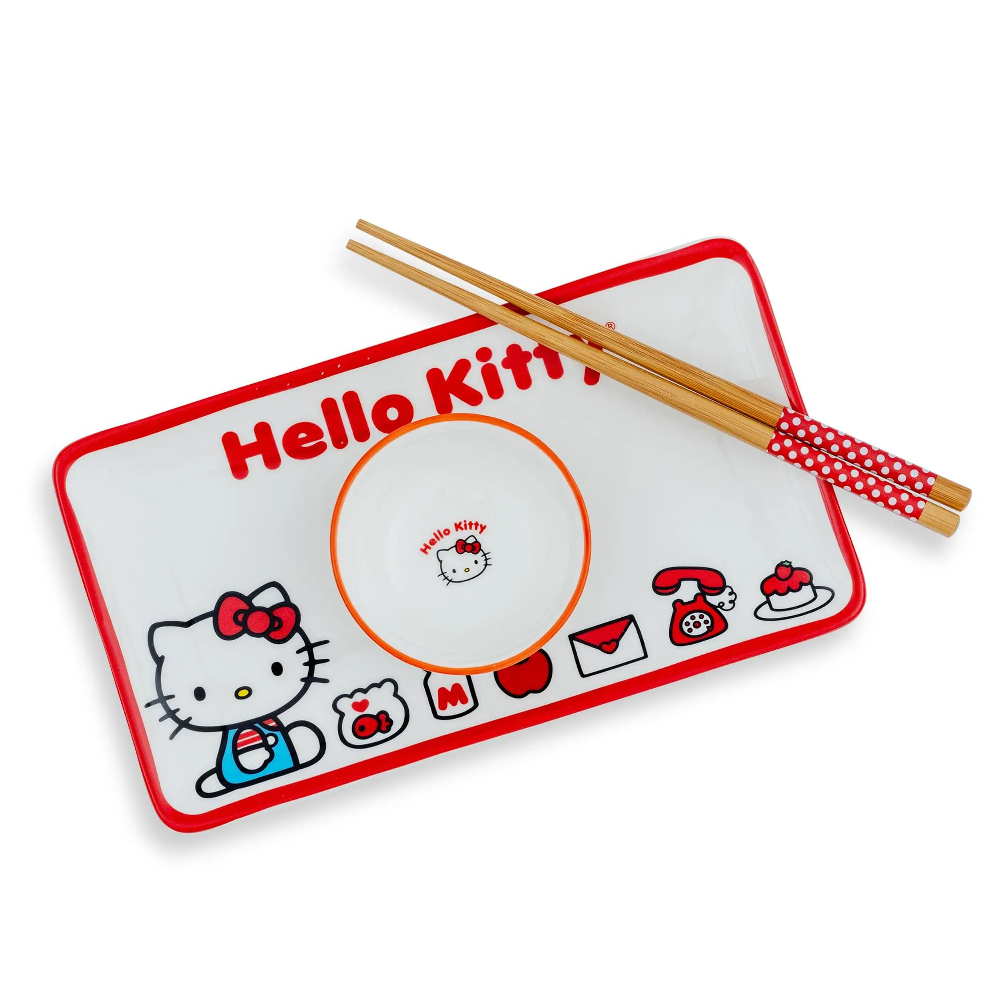 Sanrio Hello Kitty Icons Ceramic 3-Piece Reusable Tableware Set, Including Cutlery Chopsticks and Dinnerware Sauce Bowl