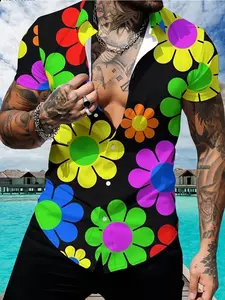 Men's Geometric Print Floral Button-Up Shirt, Casual Breathable Polyester, Loose-Fitting Short Sleeve, Tropical Beach Vacation