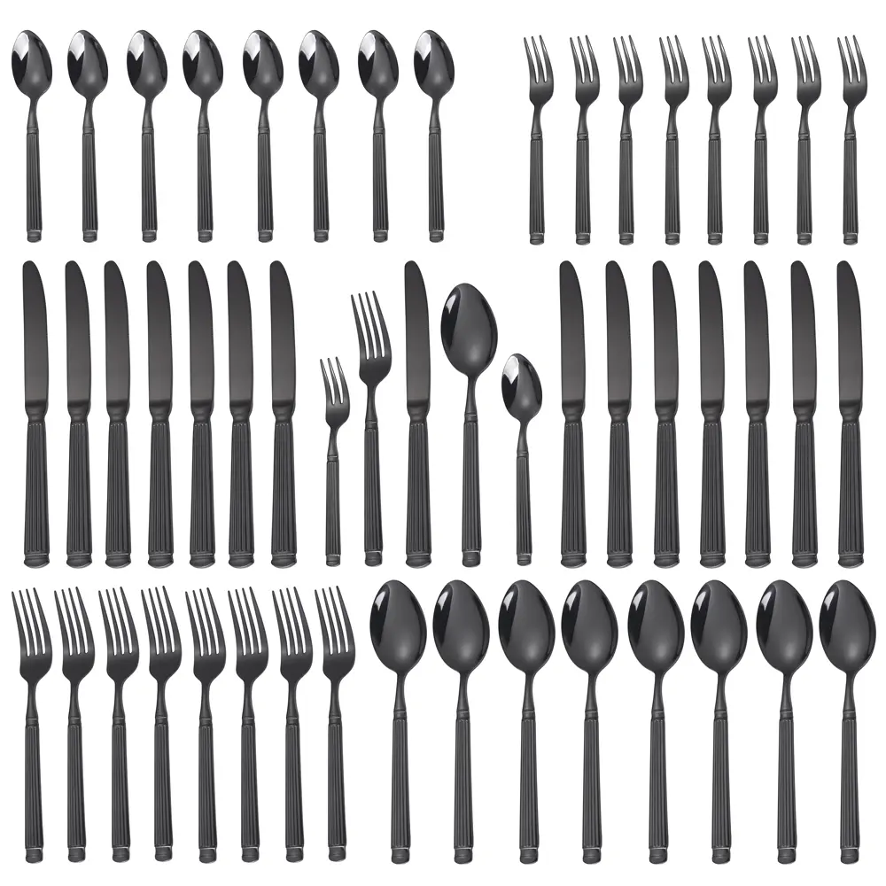 Matte Black Stainless Steel Cutlery Set (40-Piece, Service for 8) - Stylish Aesthetic Vertical Ribbed Handle, Dishwasher Safe Modern Tableware Utensils, Ideal for Spring Brunch, Garden Parties
