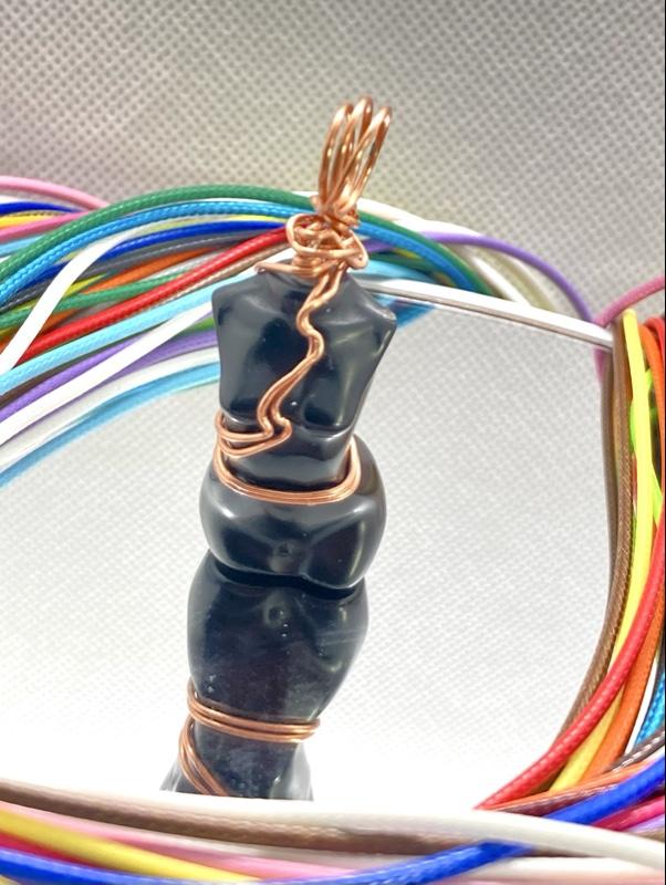 Black Obsidian Goddess Pendant with Colorful Cord Necklace for Women Elegant Obsidian Body Pendant Hand Wrapped in 100% Copper