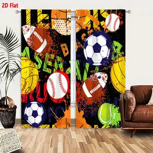 2D Flat  Hot Sports Ball Collage Pattern Blackout Curtain 2-Piece Set, Multicolor Volleyball Football Baseball Basketball Design, Street Art Graffiti Style Window Curtains for Bedroom Living Room, Light Blocking Thermal Insulated Curtains