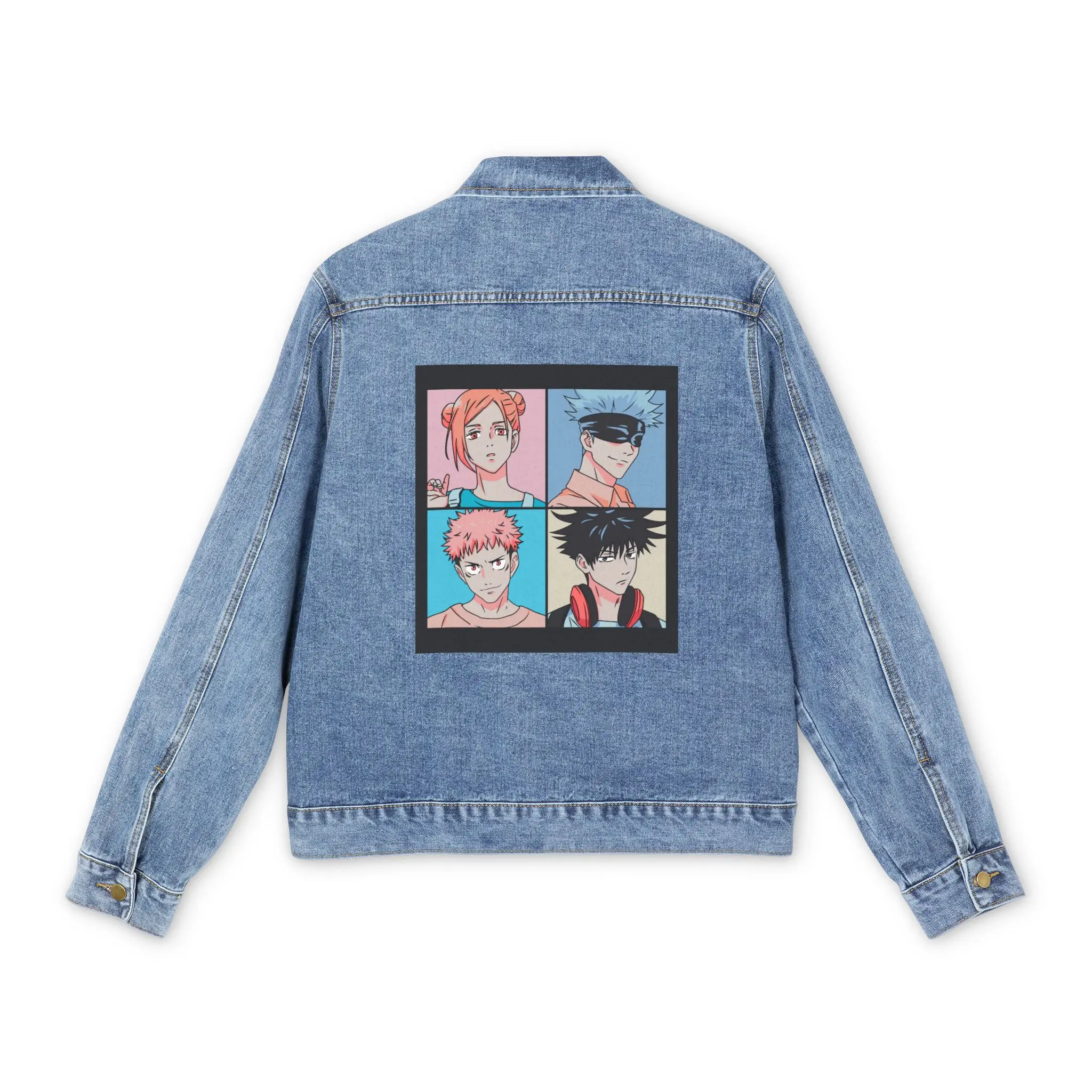 Anime Denim Jacket for Men, Japanese Cartoon Graphic, Otaku Streetwear, Manga Fashion Coat, Anime Lover Gift, DBZ, JJK, Naruto, JuJitsu Kaisen, Itadori, yuji, Satoru, Gojo, sasuke, DMS, demonslayer, Asian Style Outerwear,