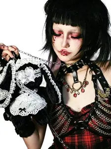 Original Handmade Non-Genetic Cute Dark Lace Bow Skirt Plush Rabbit Crossbody Bag, Unique Heart Subculture Hot Girl Style