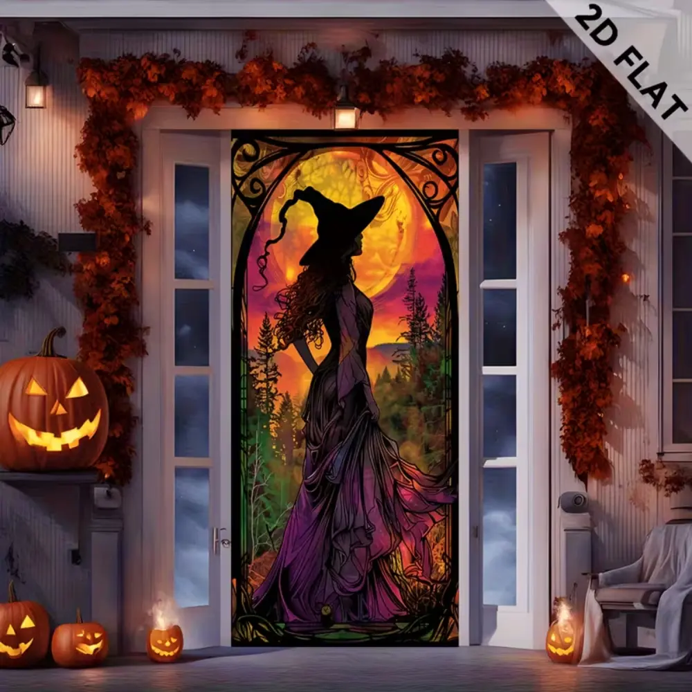 Halloween Door Cover - 35.4x70.9 In Polyester Fabric Door Banner with Corner Metal Grommets, Spooky Witch Skeleton & Bloody Photo Prop Backdrop for Front Door, Bathroom, Porch & Halloween Party Decor, Fun Holiday Gift for Family & Friends