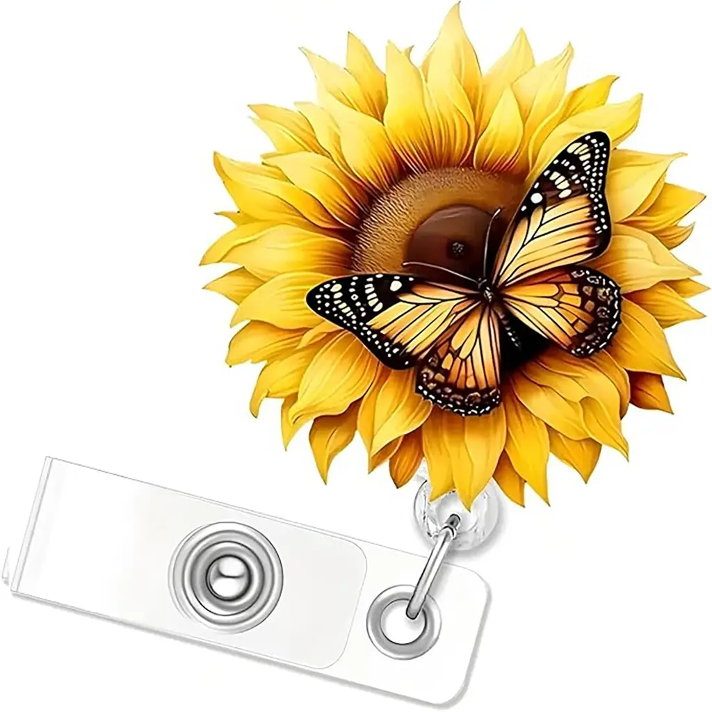 Sunflower Butterfly Badge Reel, Retractable Clip with Card Holder, Fresh Natural Style, Ideal for Hanging Work Badges