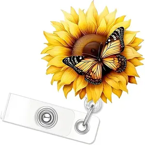 Sunflower Butterfly Badge Reel, Retractable Clip with Card Holder, Fresh Natural Style, Ideal for Hanging Work Badges