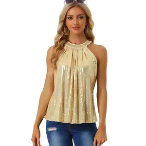 INSPIRE CHIC Women's Party Club Sparkle Sequin Sleeveless Halter Tops Gold Small