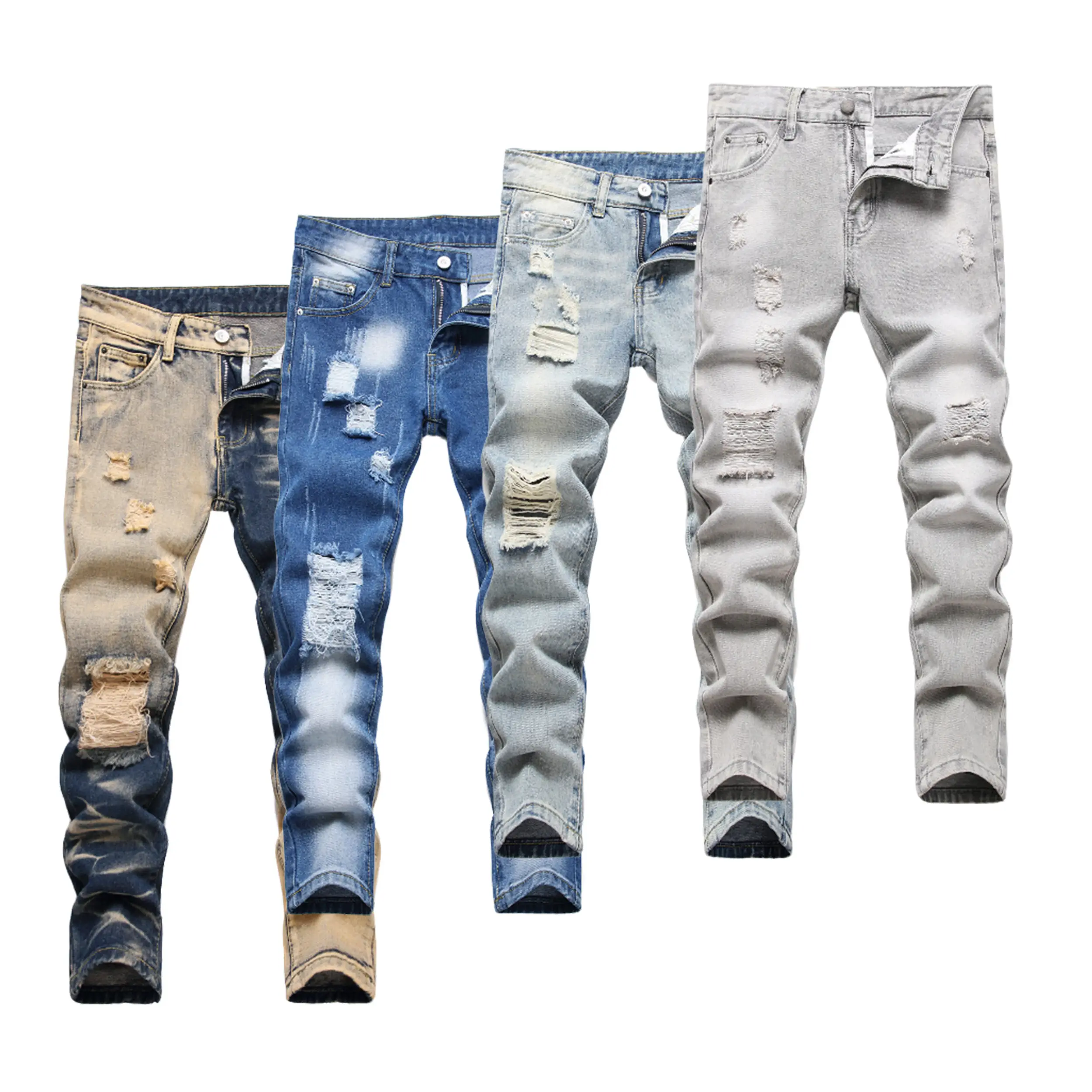 Boy's Solid Color Fashionable Skinny Pants - Ripped Distressed Destroyed Washed Denim Jeans for men Teen jeans youth denim