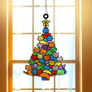 Cat Christmas Tree Acrylic Suncatcher Window Ornament, Holiday Glass Look Decor, Festive Cat Art, Xmas Gift for Pet Lovers & Cat Parents