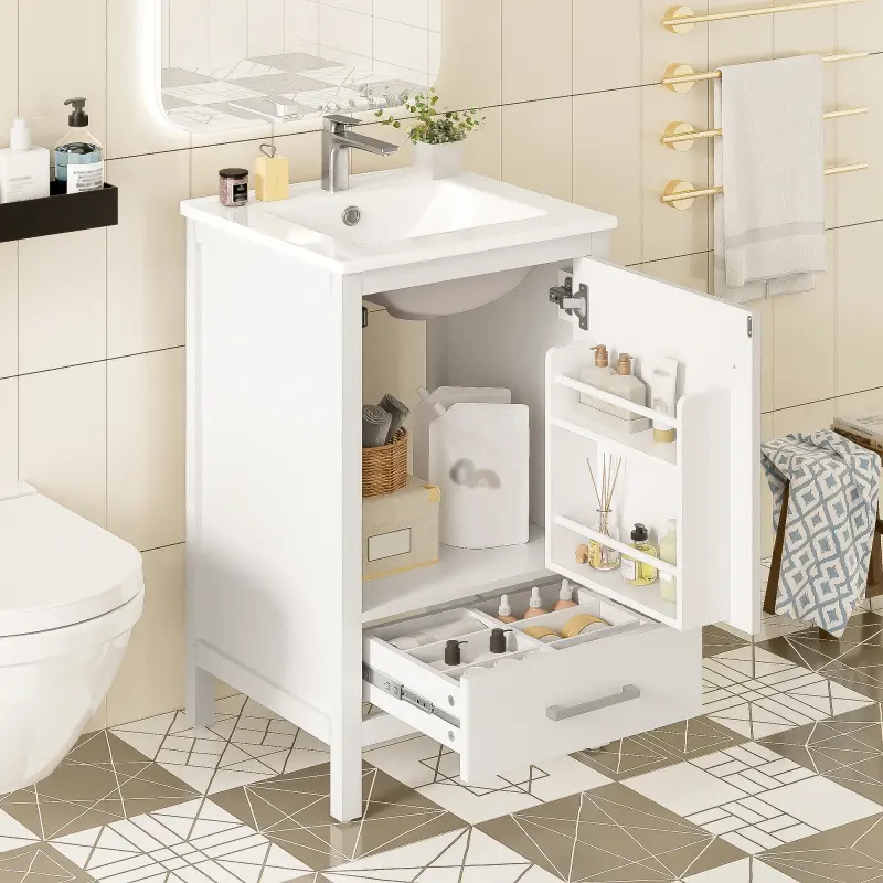 20-Inch Modern Bathroom Vanity with Ceramic Sink, Soft-Close Drawer & Door, Double-Layer Door Organizer, Divider Drawer, Adjustable Foot Pads – Space-Saving Storage Design