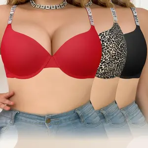 Mimilemon 3 PCS Plus Size Push-up Push Up Bras Sexy Love-Strap Leopard Print & Comfy Busty Fit for Women Comfortable Everyday Wear Valentine's Day perfect valentine Gift plus  size