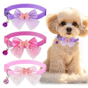 3pcs Pet Bowtie Collar with Pearl & Bell, Adjustable Nylon Cat Collar for Small Dogs and Cats