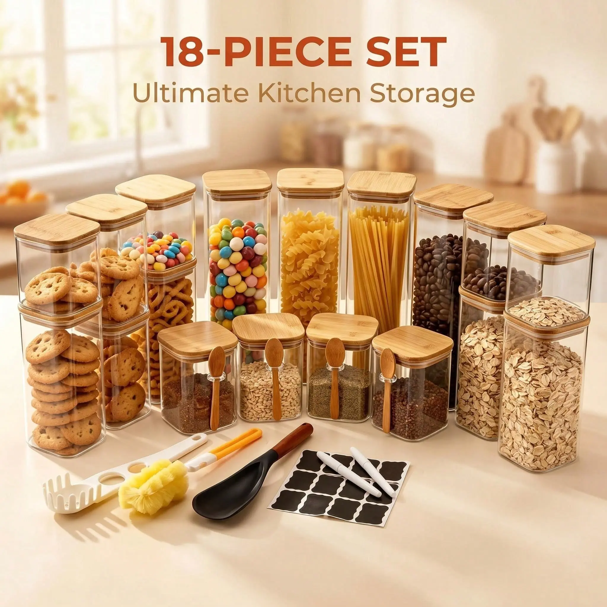 18 Pcs Square Glass Storage Jars with Bamboo Lids & Wooden Spoons, Airtight Clear Glass Canister Set, Kitchen Pantry Organization Containers for Pasta, Coffee Beans, Spice, Cereal, Dry Food, with Labels & Cleaning Accessories