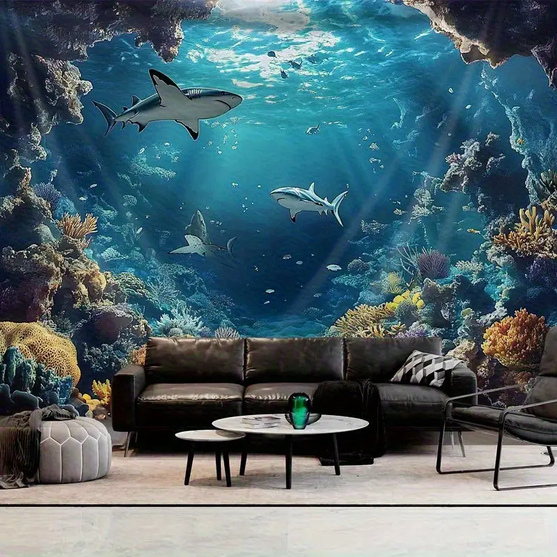 Tapestry Underwater Shark Ocean Backdrop Wall Hanging Photography Background Coral Reef Marine Life Design for Living Room Bedroom Home Decor Indoor Outdoor Aesthetic Decoration Polyester