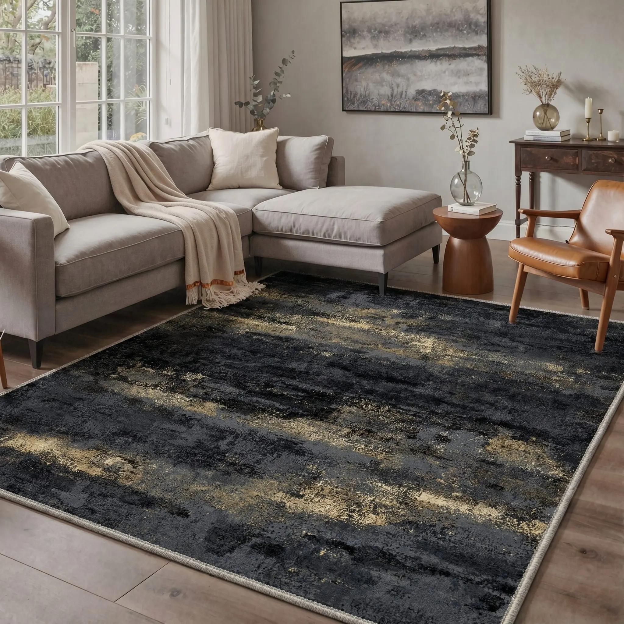 【Deals For You Days】GENIMO Modern Abstract Rug – Soft, Non-Slip, Pet Friendly, Machine Washable Rug, Area Rug Ideal for Living Room, Bedroom, Kitchen, Hallway, Elegant Floor Decor ,DT5001-V5BLACK