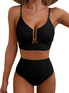 2 Piece Bikini Set U-Wire Cutout Swimsuit High Waisted Textured 2026 Summer Swimming Clothing Beach Water Sports Tummy Control Swimwear SpringStatements