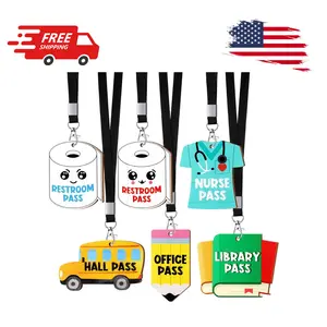 6 Sets Hall Pass Lanyards and School Passes Set Unbreakable Wooden Bathroom Passes