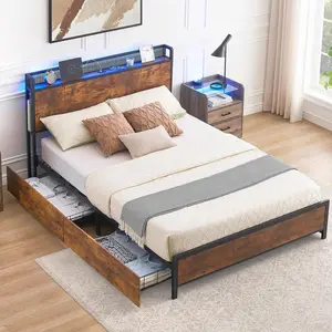 Queen Size Bed Frame with 4 Drawers, Bed Frame with RGB Lights and Charging Station, Platform Bed Frame Headboard with Storage Basket, No Box Spring Needed, Easy Assembly, Rustic Brown (Queen)