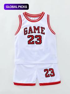 two-piece set boy's basketball jersey set, contrast binding sleeveless basketball vest & shorts, summer clothes for kids outdoor sports