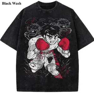 Hajime no Ippo Graphic T-Shirt Men, Vintage Black Wash Oversized Anime Tee Shirt, Ippo Makunouchi Boxing Streetwear, Harajuku Heavyweight Cotton Tshirt Y2K Top