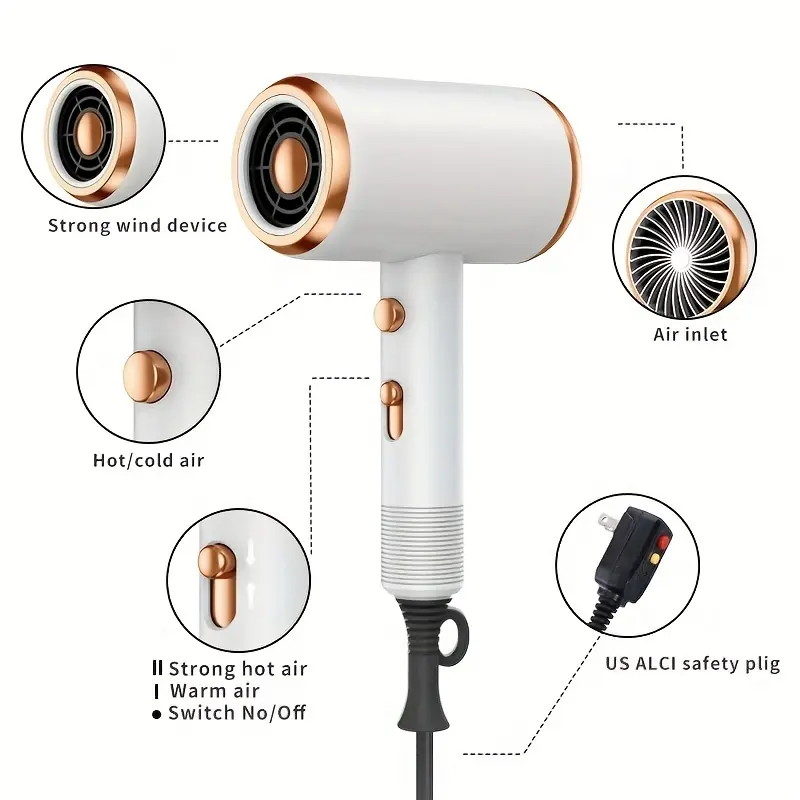 Ionic Hair Dryer with Diffuser, 2 Speeds, 3 & Cooling Buttons, for Straight & Curly Hair, 1600W, US Plug, Brushed Motor, Ideal for Home, Travel & Salon Use, Portable Electric Hair Drye
