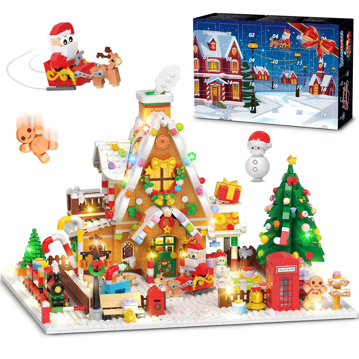 Advent Calendar 2025 Gingerbread House Mini Building Set with Lights, 24 Days Christmas Countdown Building Block Kit with Xmas Tree Train, Holiday Gif