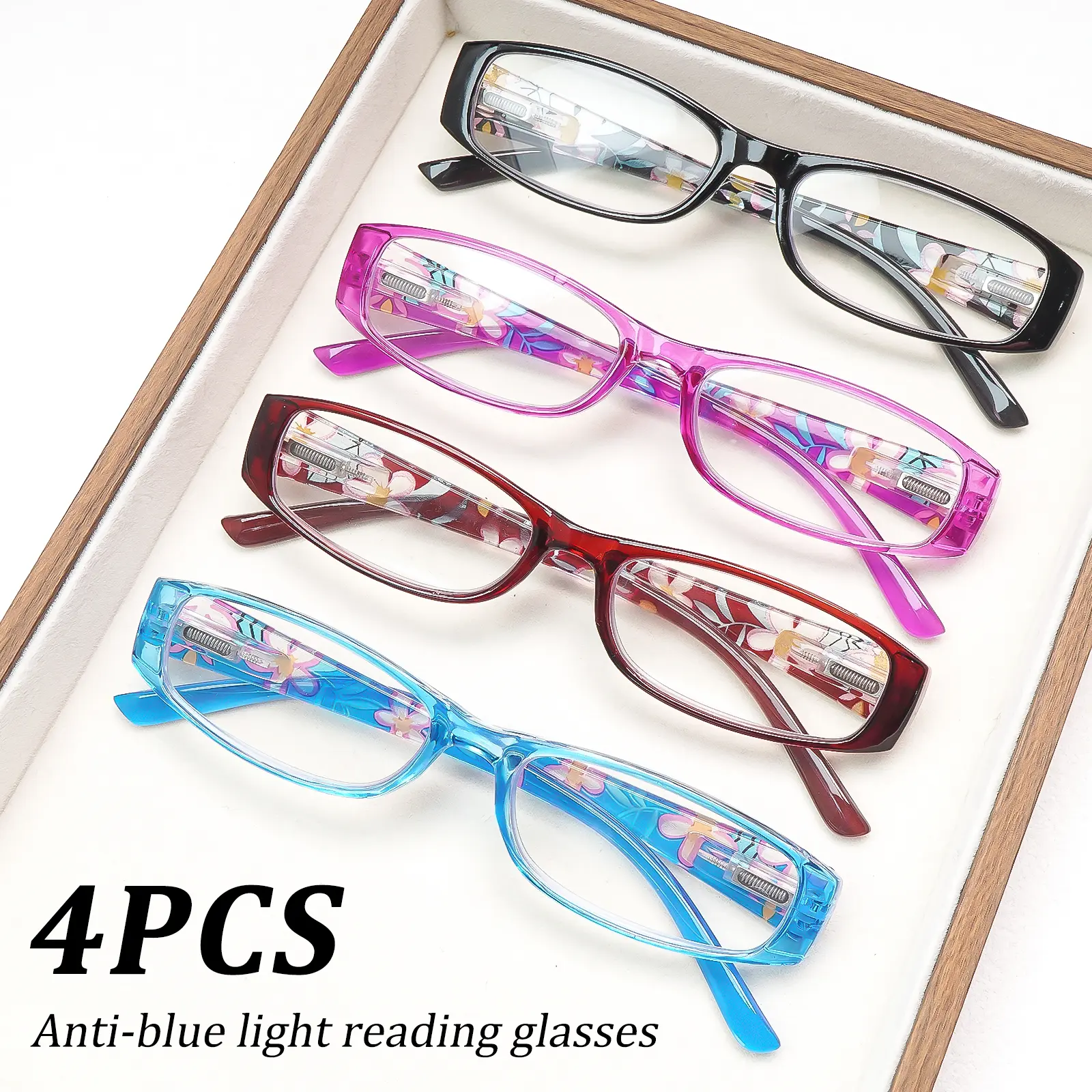 4 Pack Unisex Transparent Rectangle Anti Blue Light Reading Glasses Flexible Spring Hinge Presbyopic Eyeglasses, Lightweight, Rectangular, Blue Light Blocking Lens, Reading Eyewear, Rectangular Eyeglasses